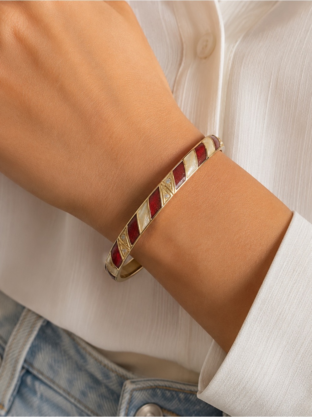 Red White Gold Striped Bangle Bracelet Enamel Stackable Bracelet